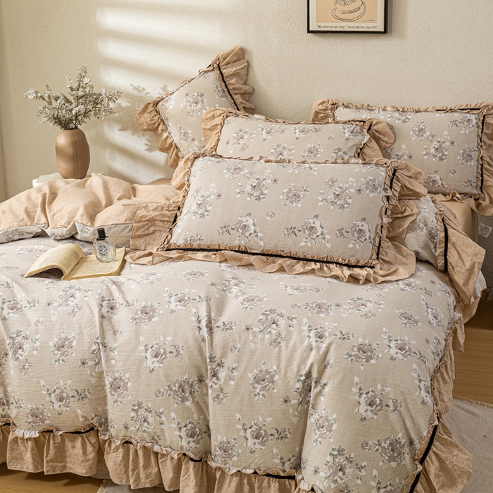 91家纺网 家纺一手货源 找家纺 大麦家纺 2025新款水洗亚麻花边四件套 花颜