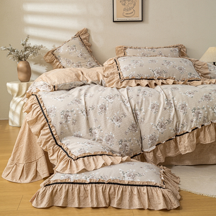 91家纺网 家纺一手货源 找家纺 大麦家纺 2025新款水洗亚麻花边四件套 花颜