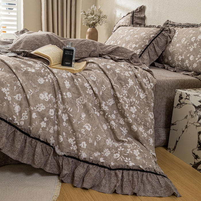 91家纺网 家纺一手货源 找家纺 大麦家纺 2025新款水洗亚麻花边四件套 锦瑟