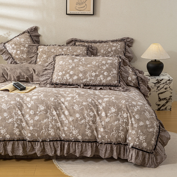 91家纺网 家纺一手货源 找家纺 大麦家纺 2025新款水洗亚麻花边四件套 锦瑟