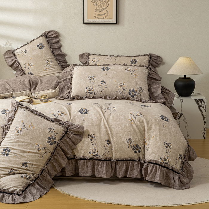 91家纺网 家纺一手货源 找家纺 大麦家纺 2025新款水洗亚麻花边四件套 浮生花语