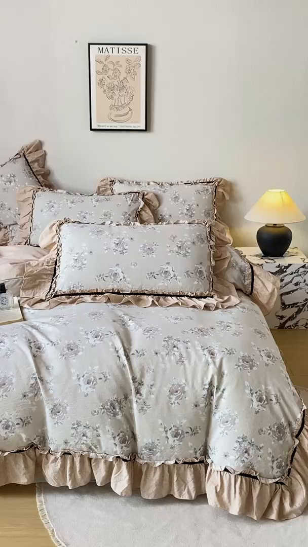 91家纺网 家纺一手货源 找家纺 大麦家纺 2025新款水洗亚麻花边四件套 花颜