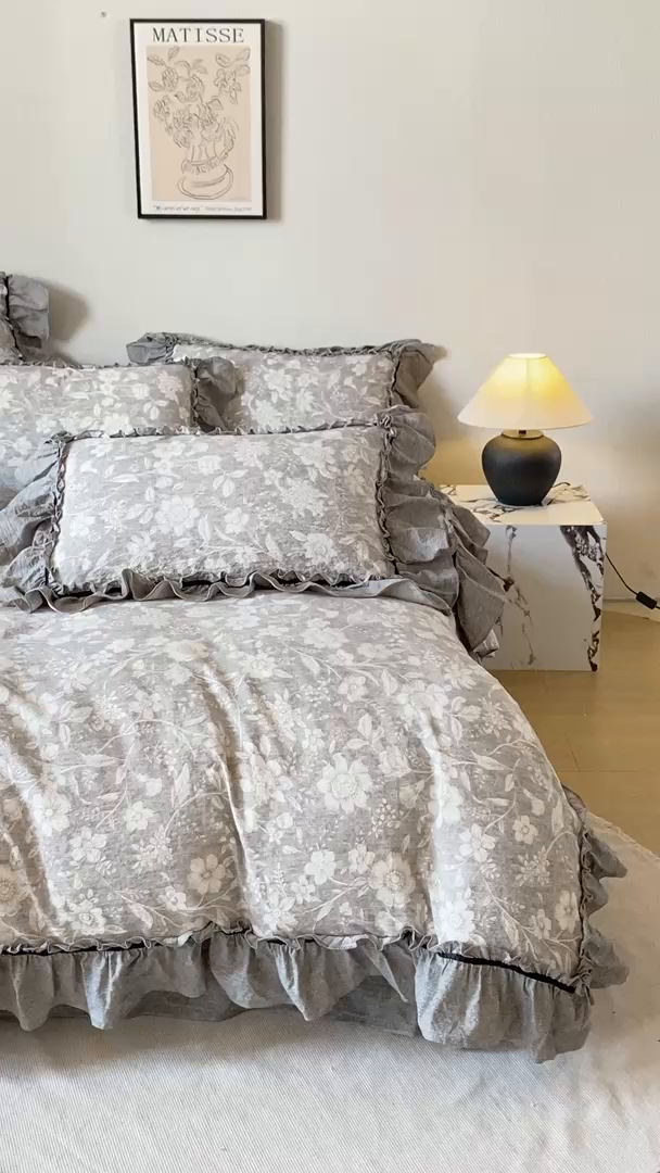 91家纺网 家纺一手货源 找家纺 大麦家纺 2025新款水洗亚麻花边四件套 山花浪漫