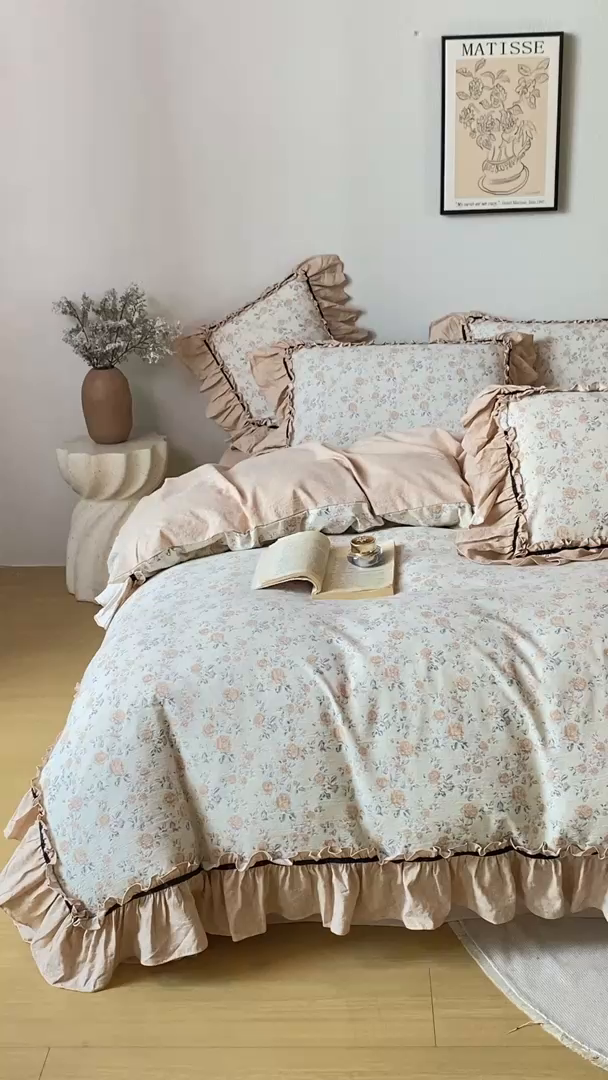 91家纺网 家纺一手货源 找家纺 大麦家纺 2025新款水洗亚麻花边四件套 满园花开