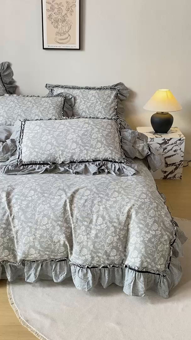 91家纺网 家纺一手货源 找家纺 大麦家纺 2025新款水洗亚麻花边四件套 海棠花溪