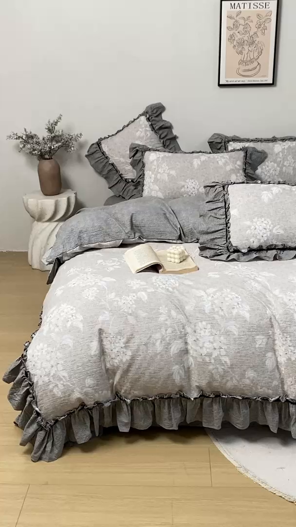 91家纺网 家纺一手货源 找家纺 大麦家纺 2025新款水洗亚麻花边四件套 玉茗