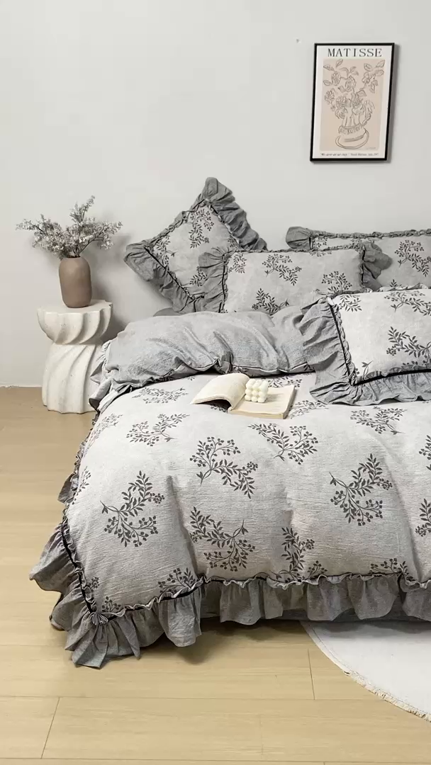 91家纺网 家纺一手货源 找家纺 大麦家纺 2025新款水洗亚麻花边四件套 风木槿咖