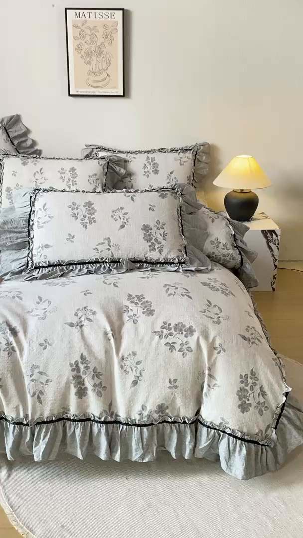 91家纺网 家纺一手货源 找家纺 大麦家纺 2025新款水洗亚麻花边四件套 香榭花园