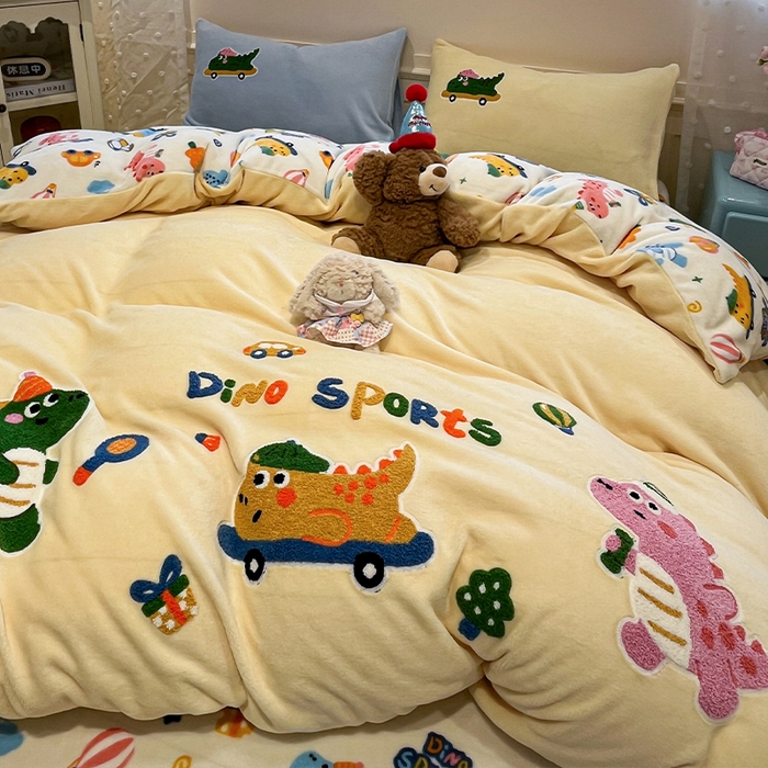 91家纺网 家纺一手货源 找家纺 （总）蓝邻家纺 2025新款牛奶绒卡通毛巾绣四件套