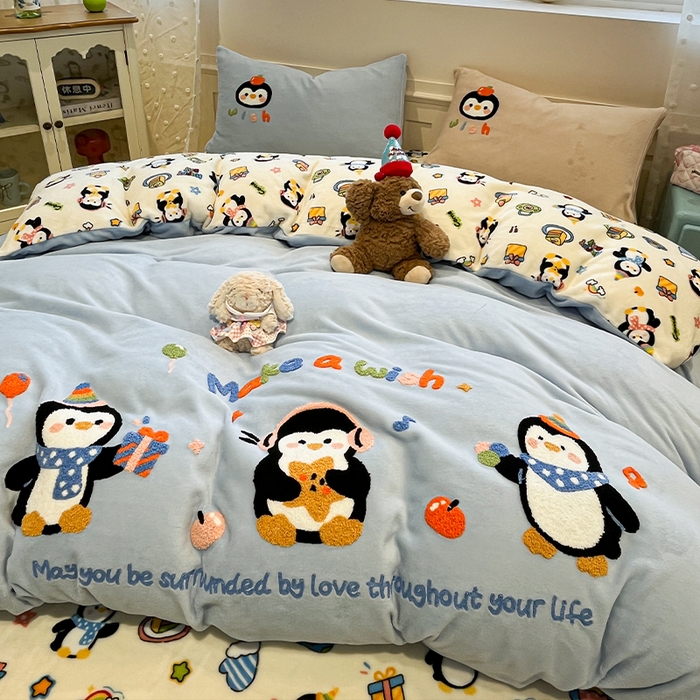 91家纺网 家纺一手货源 找家纺 （总）蓝邻家纺 2025新款牛奶绒卡通毛巾绣四件套