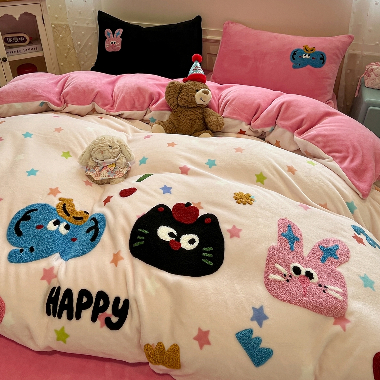 91家纺网 家纺一手货源 找家纺 （总）蓝邻家纺 2025新款牛奶绒卡通毛巾绣四件套