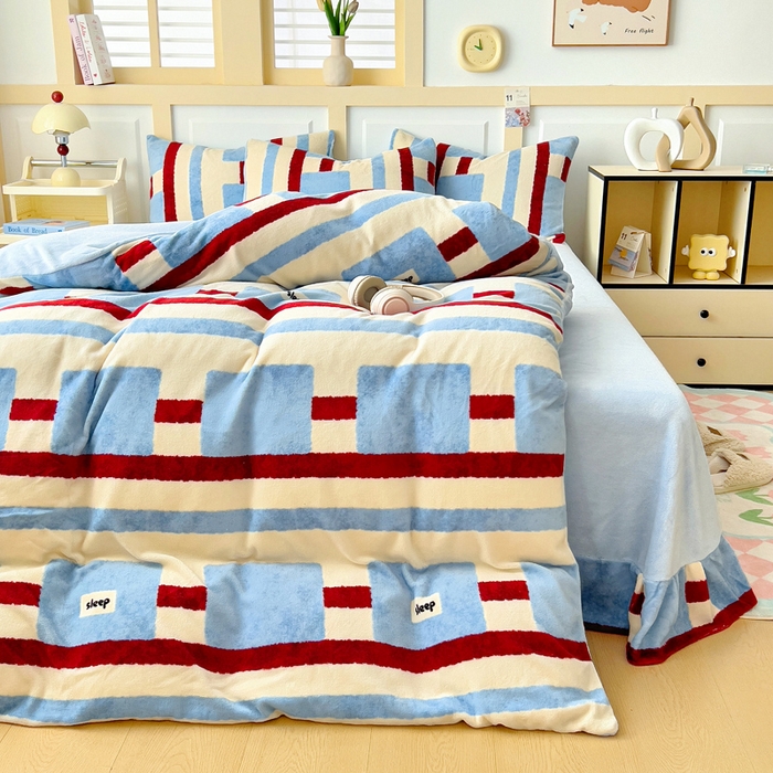 91家纺网 家纺一手货源 找家纺 找底底家纺 2025新款牛奶绒四件套（日发50套优惠8元一套） 几何条纹