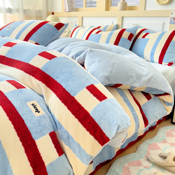 91家纺网 家纺一手货源 找家纺 找底底家纺 2025新款牛奶绒四件套（日发50套优惠8元一套） 几何条纹