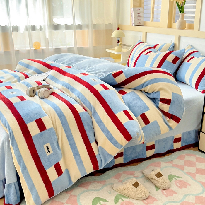 91家纺网 家纺一手货源 找家纺 找底底家纺 2025新款牛奶绒四件套（日发50套优惠8元一套） 几何条纹