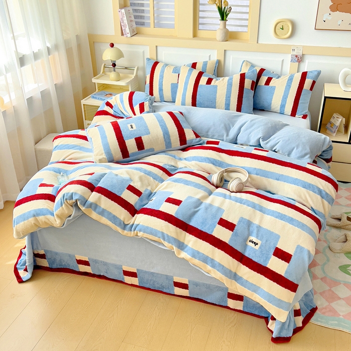 91家纺网 家纺一手货源 找家纺 找底底家纺 2025新款牛奶绒四件套（日发50套优惠8元一套） 几何条纹