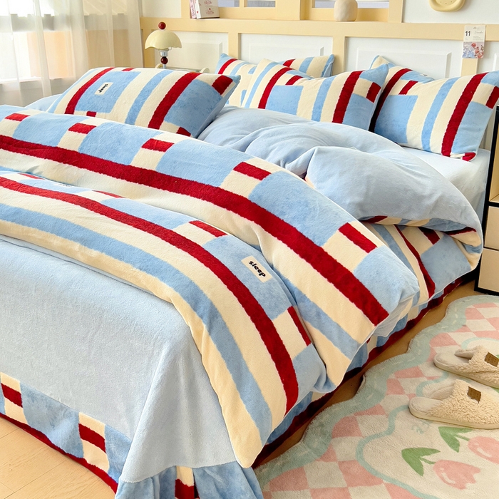 91家纺网 家纺一手货源 找家纺 找底底家纺 2025新款牛奶绒四件套（日发50套优惠8元一套） 几何条纹