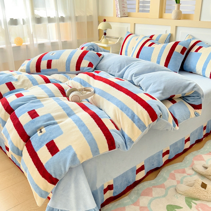 91家纺网 家纺一手货源 找家纺 找底底家纺 2025新款牛奶绒四件套（日发50套优惠8元一套） 几何条纹