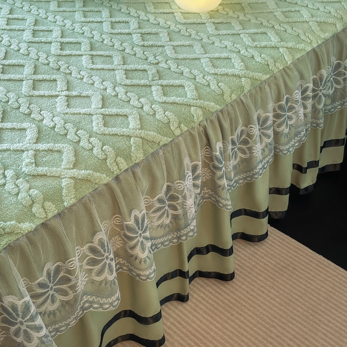 91家纺网 家纺一手货源 找家纺 米瑞娜  2025新款塔芙绒雕花蕾丝床裙跨境外贸 果绿