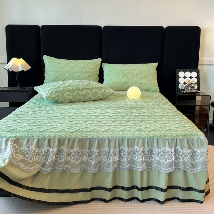 91家纺网 家纺一手货源 找家纺 米瑞娜  2025新款塔芙绒雕花蕾丝床裙跨境外贸 果绿