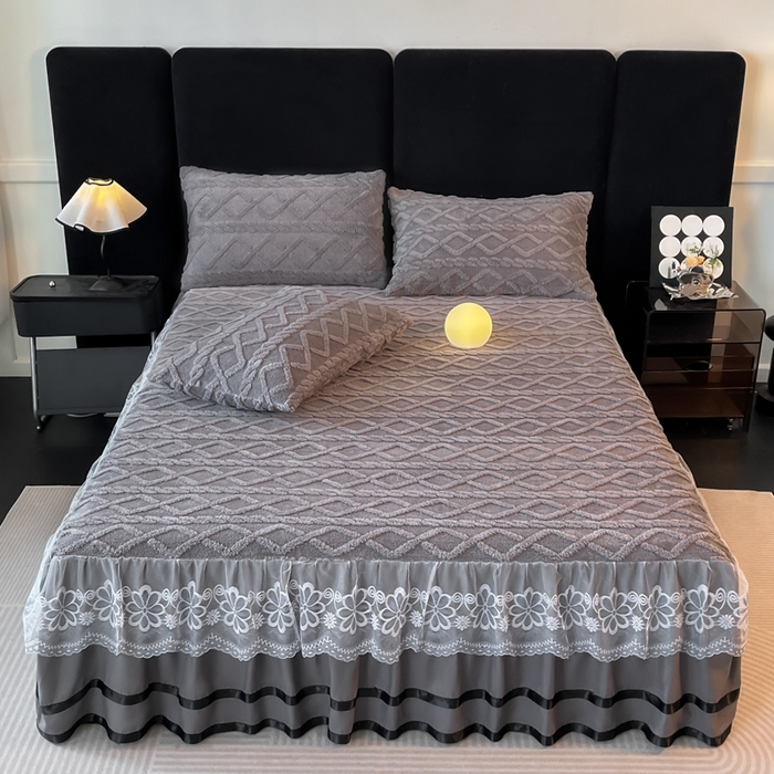 米瑞娜  2025新款塔芙绒雕花蕾丝床裙跨境外贸 灰色