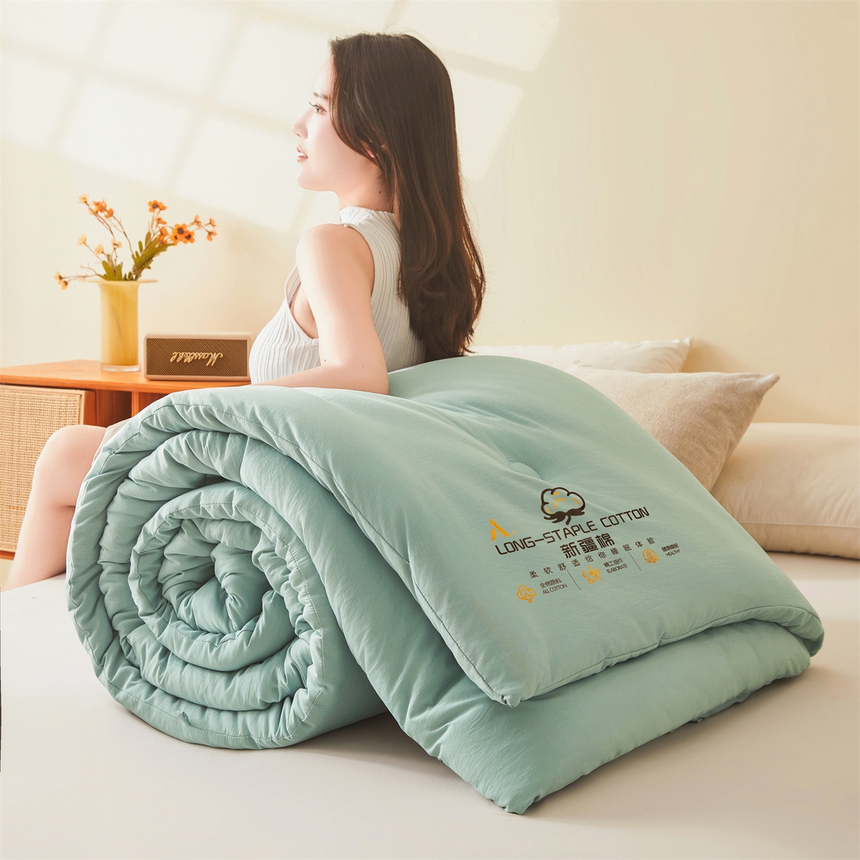 91家纺网 家纺一手货源 找家纺 仁凯家纺 2025新款a类100%新疆棉花被 冬被春秋被 学生被子被芯（提供买家秀检测报告） 新疆棉花-青果绿