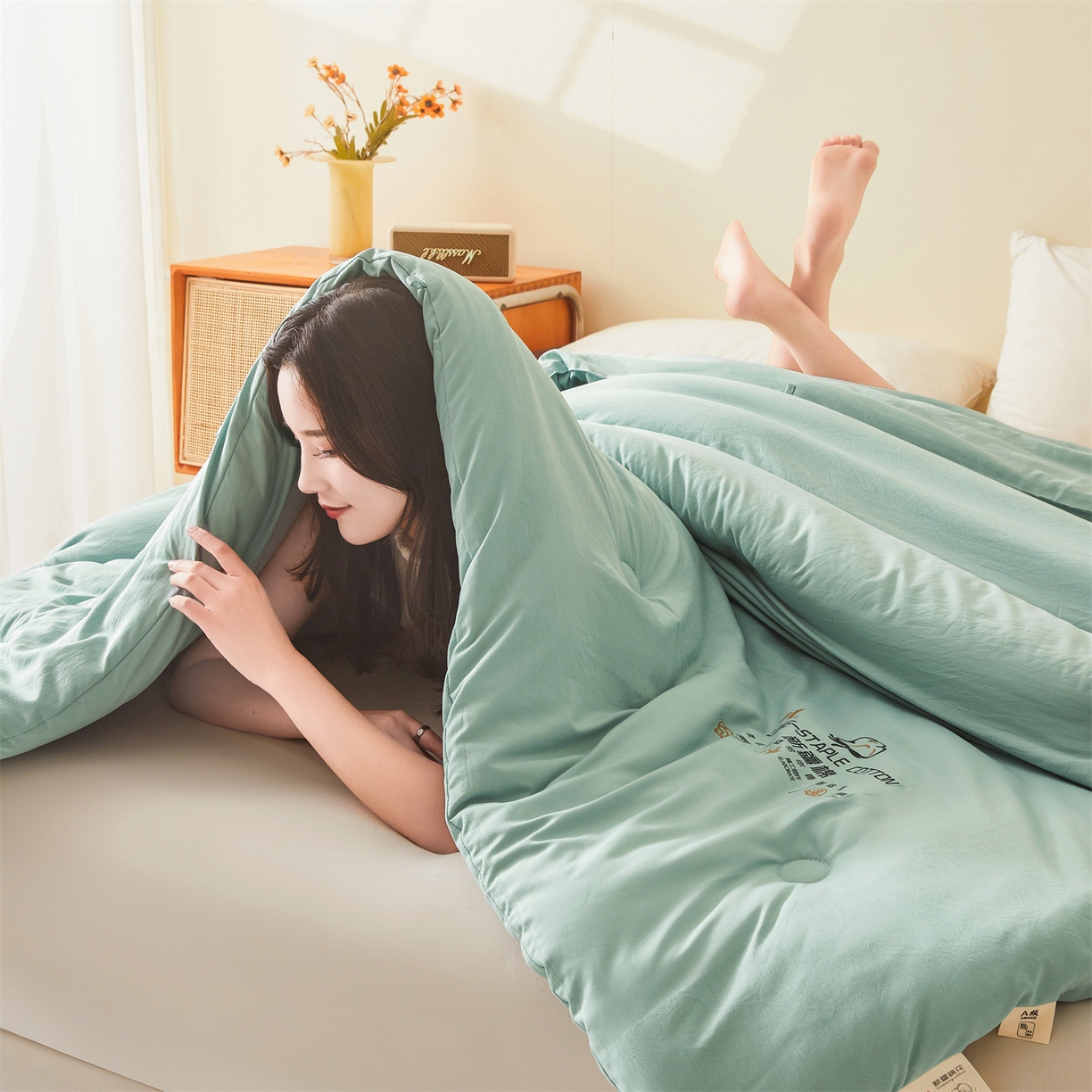 91家纺网 家纺一手货源 找家纺 仁凯家纺 2025新款a类100%新疆棉花被 冬被春秋被 学生被子被芯（提供买家秀检测报告） 新疆棉花-青果绿