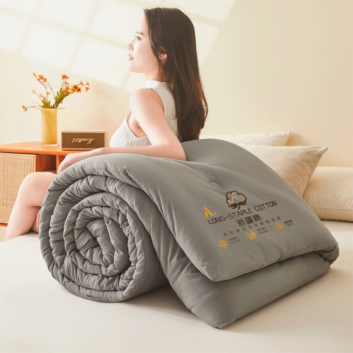 91家纺网 家纺一手货源 找家纺 仁凯家纺 2025新款a类100%新疆棉花被 冬被春秋被 学生被子被芯（提供买家秀检测报告） 新疆棉花-时光灰