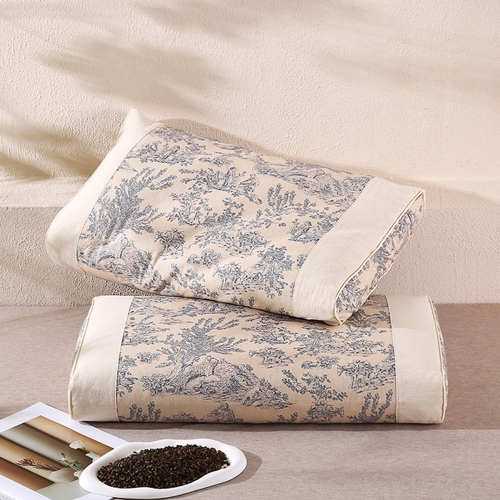 91家纺网 家纺一手货源 找家纺 金牛枕芯 2025新款国潮风棉麻荞麦枕头枕芯成人枕保健枕助眠枕头枕芯 国风素描-藏青