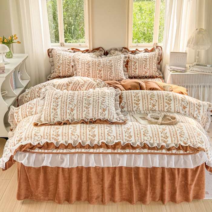 91家纺网 家纺一手货源 找家纺 禧缘家纺（原梦想家） 2025新款夹棉双层花边牛奶绒枕套系列 落日云舒