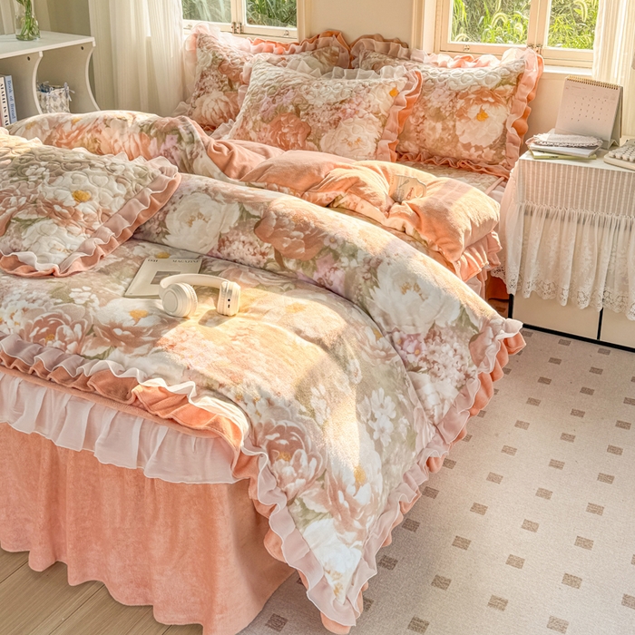 禧缘家纺（原梦想家） 2025新款夹棉双层花边牛奶绒单被套系列 浪漫花开
