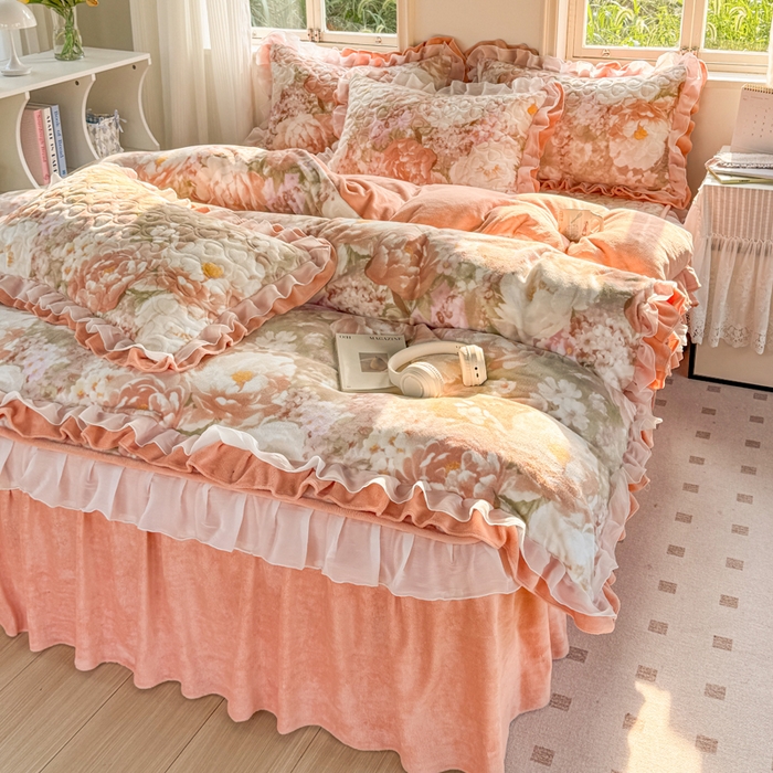 91家纺网 家纺一手货源 找家纺 禧缘家纺（原梦想家） 2025新款夹棉双层花边牛奶绒单被套系列 浪漫花开