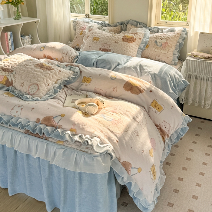 禧缘家纺（原梦想家） 2025新款夹棉双层花边牛奶绒单被套系列 猫咪心事