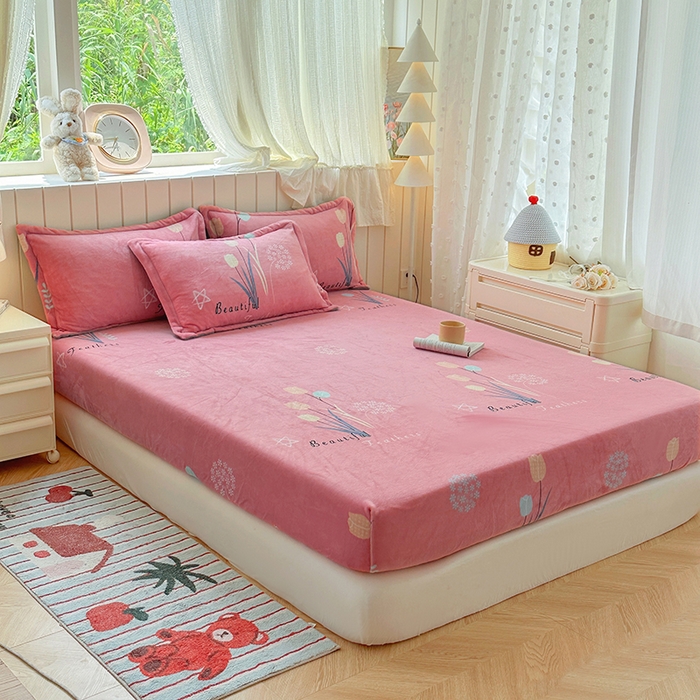 91家纺网 家纺一手货源 找家纺 家贝爱 2025新款高克重加厚牛奶绒床笠单床笠床笠单品 花开浪漫