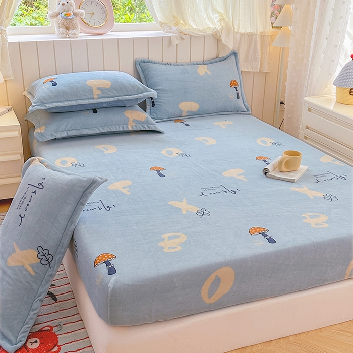 91家纺网 家纺一手货源 找家纺 家贝爱 2025新款高克重加厚牛奶绒床笠单床笠床笠单品 字母蘑菇