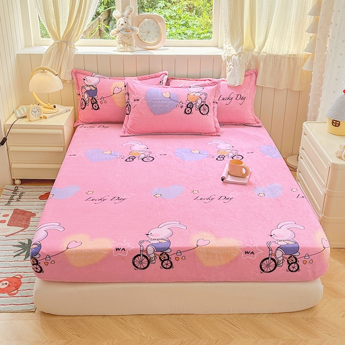 家贝爱 2025新款高克重加厚牛奶绒床笠单床笠床笠单品 哈喽小兔粉