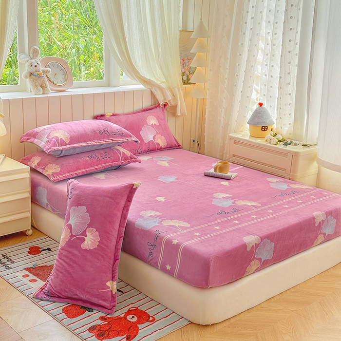 91家纺网 家纺一手货源 找家纺 家贝爱 2025新款高克重加厚牛奶绒床笠单床笠床笠单品 叶叶丝语豆沙