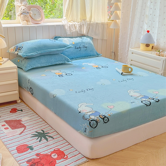 91家纺网 家纺一手货源 找家纺 家贝爱 2025新款高克重加厚牛奶绒床笠单床笠床笠单品 哈喽小兔蓝