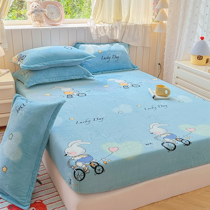 91家纺网 家纺一手货源 找家纺 家贝爱 2025新款高克重加厚牛奶绒床笠单床笠床笠单品 哈喽小兔蓝