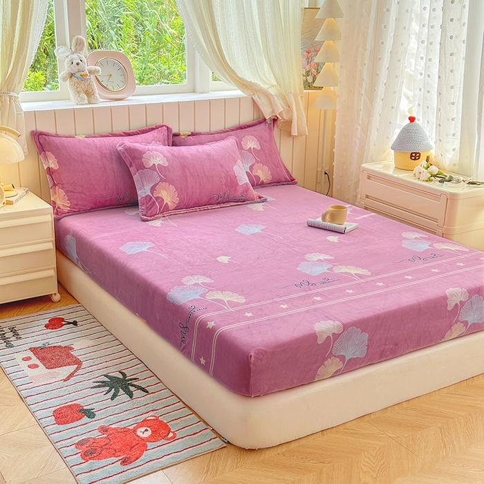 91家纺网 家纺一手货源 找家纺 家贝爱 2025新款高克重加厚牛奶绒床笠单床笠床笠单品 叶叶丝语豆沙