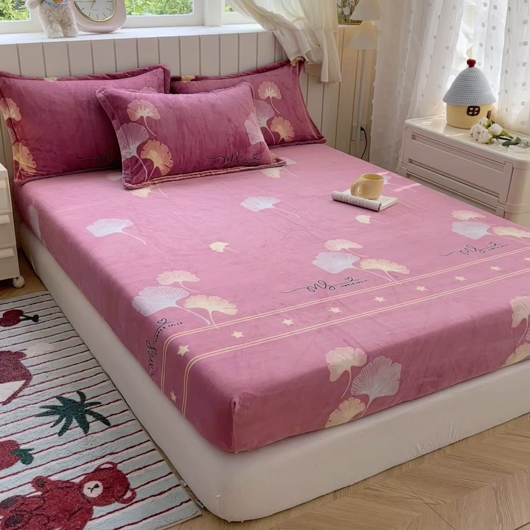 91家纺网 家纺一手货源 找家纺 家贝爱 2025新款高克重加厚牛奶绒床笠单床笠床笠单品 叶叶丝语豆沙