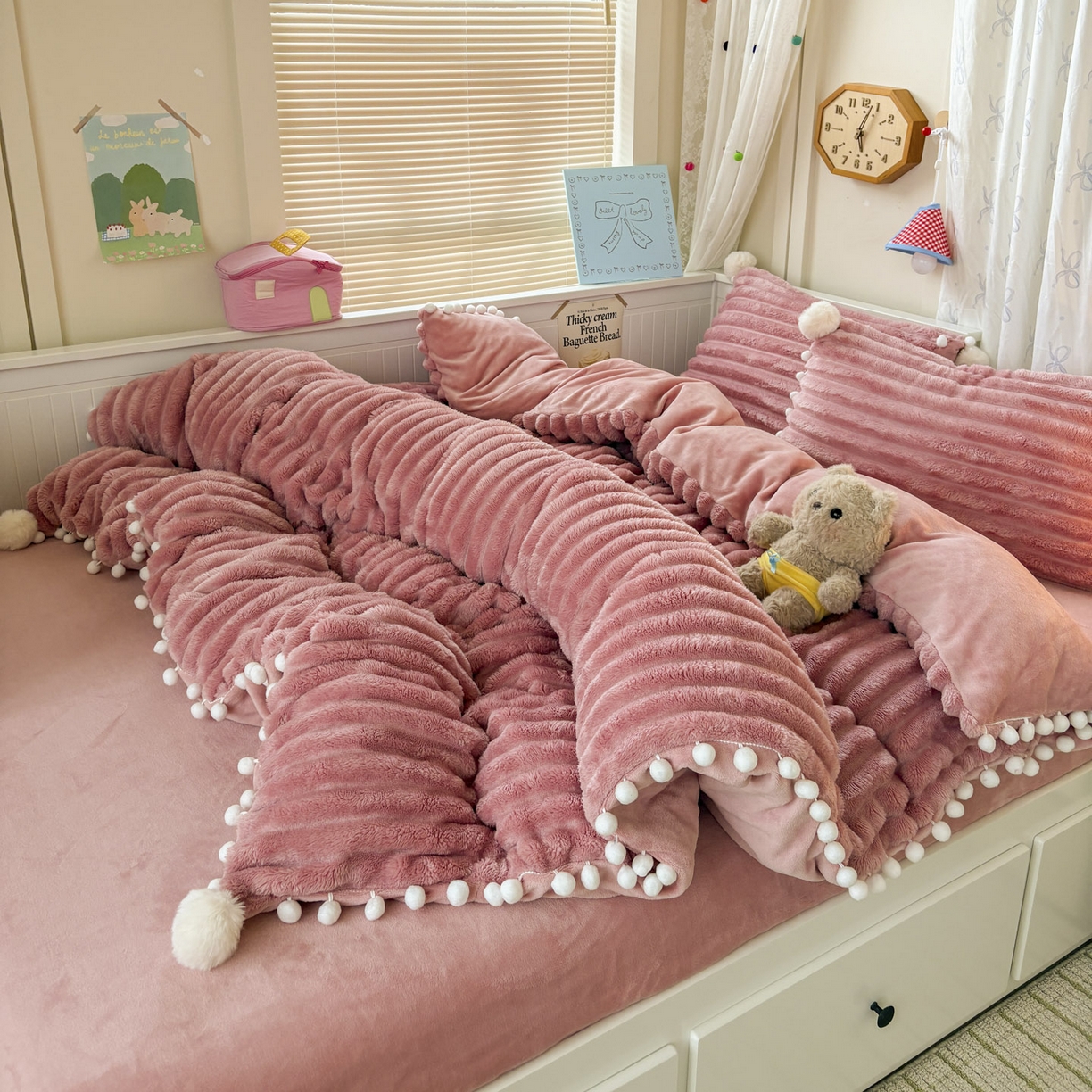潮邦创意家居 2025新款宽条小球工艺款牛奶绒四件套-绒条织梦系列 绒条织梦-粉色