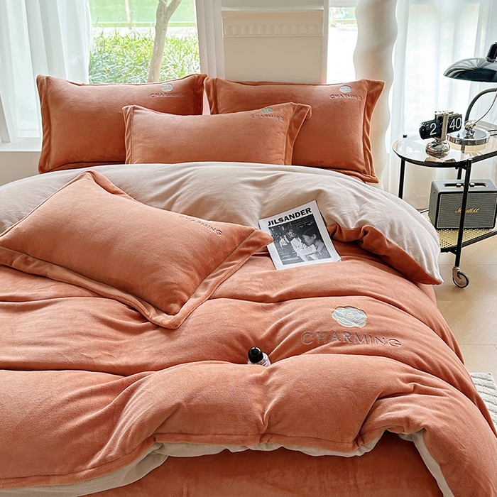 91家纺网 家纺一手货源 找家纺 宇彬家纺 2025新款母婴级牛奶绒婴儿绒刺绣四件套 山茶花 艾玛橙-香槟