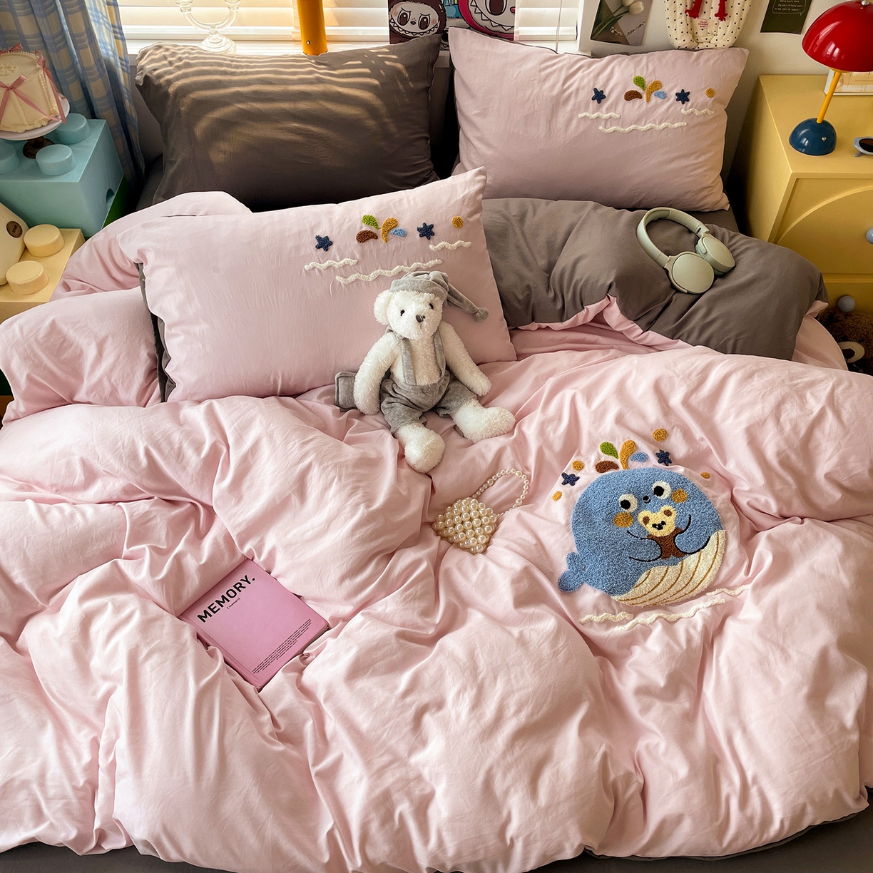 91家纺网 家纺一手货源 找家纺 凯洛奇 2025新款软糯1水洗棉毛巾绣卡通四件套（提供买家秀） 小鲸鱼