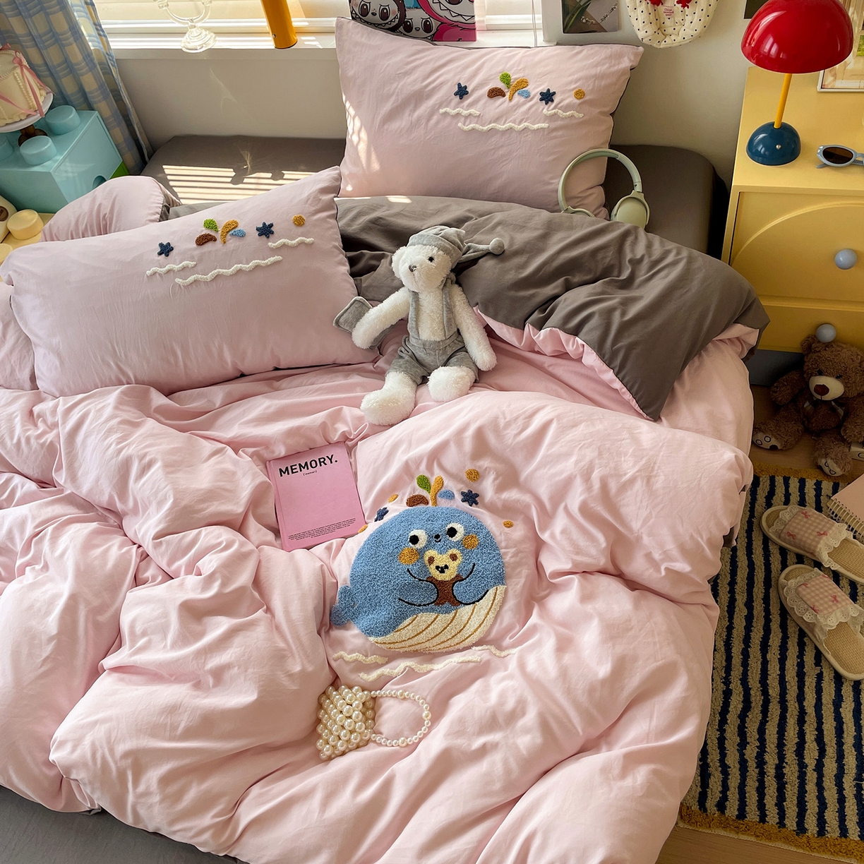 91家纺网 家纺一手货源 找家纺 凯洛奇 2025新款软糯1水洗棉毛巾绣卡通四件套（提供买家秀） 小鲸鱼