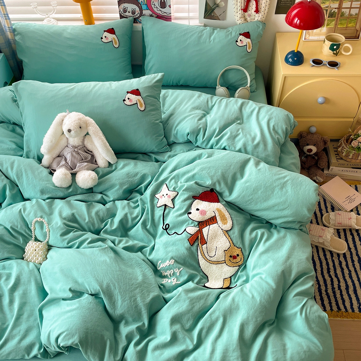 91家纺网 家纺一手货源 找家纺 凯洛奇 2025新款软糯1水洗棉毛巾绣卡通四件套（提供买家秀） 星星与狗