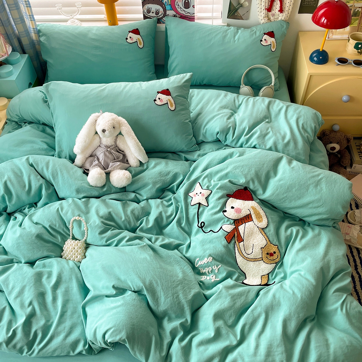 91家纺网 家纺一手货源 找家纺 凯洛奇 2025新款软糯1水洗棉毛巾绣卡通四件套（提供买家秀） 星星与狗