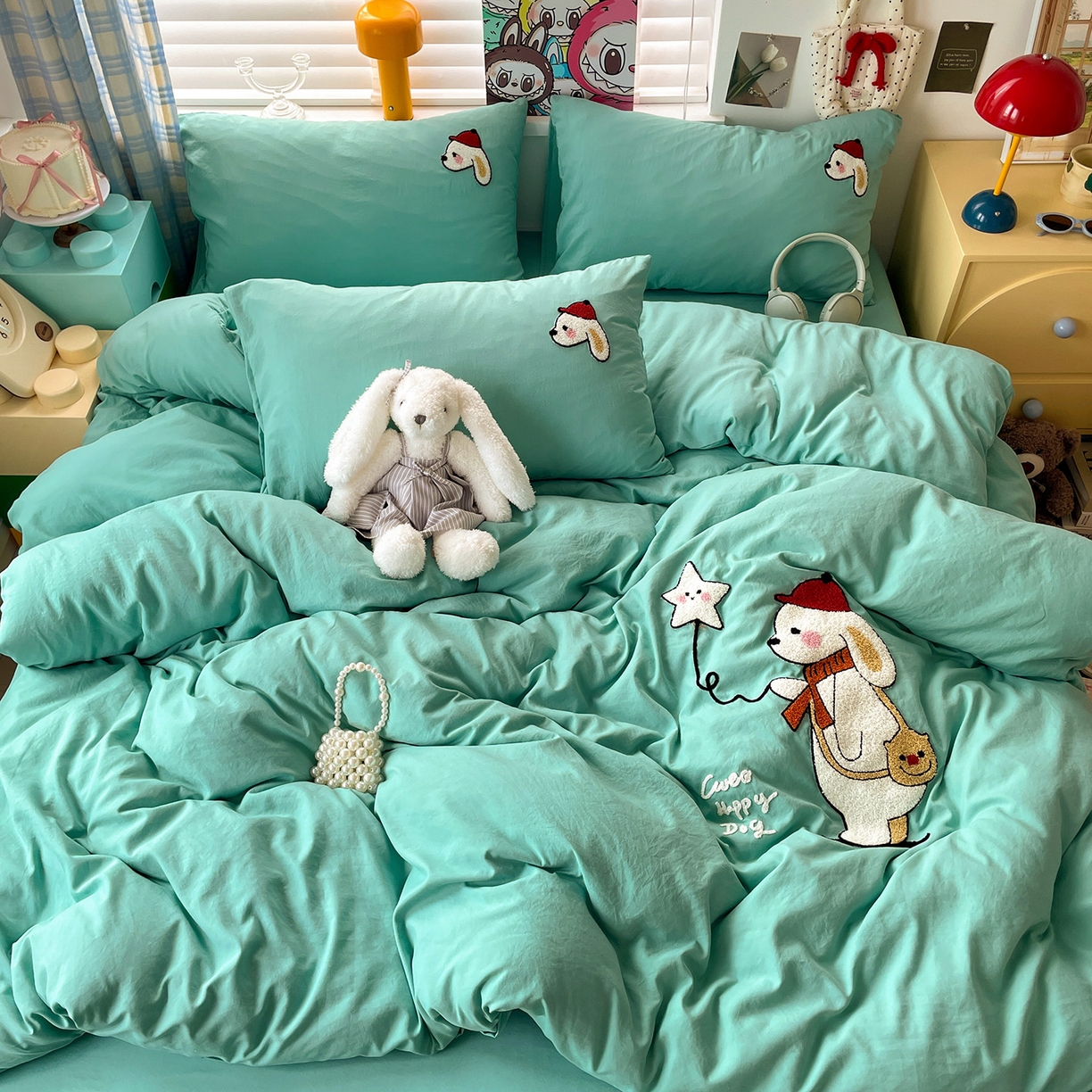 91家纺网 家纺一手货源 找家纺 凯洛奇 2025新款软糯1水洗棉毛巾绣卡通四件套（提供买家秀） 星星与狗