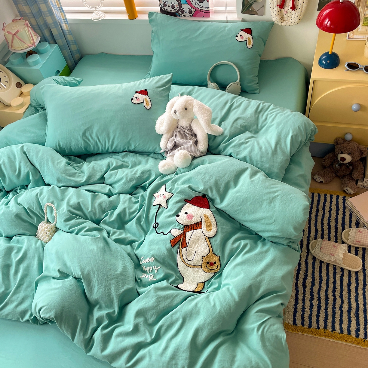 91家纺网 家纺一手货源 找家纺 凯洛奇 2025新款软糯1水洗棉毛巾绣卡通四件套（提供买家秀） 星星与狗