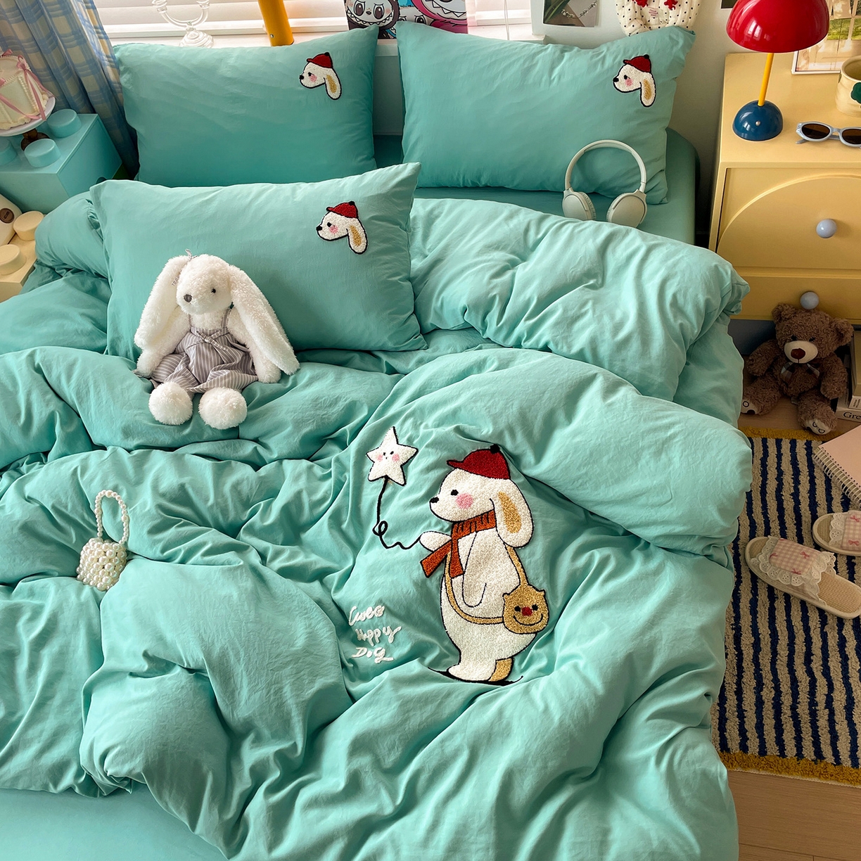 91家纺网 家纺一手货源 找家纺 凯洛奇 2025新款软糯1水洗棉毛巾绣卡通四件套（提供买家秀） 星星与狗