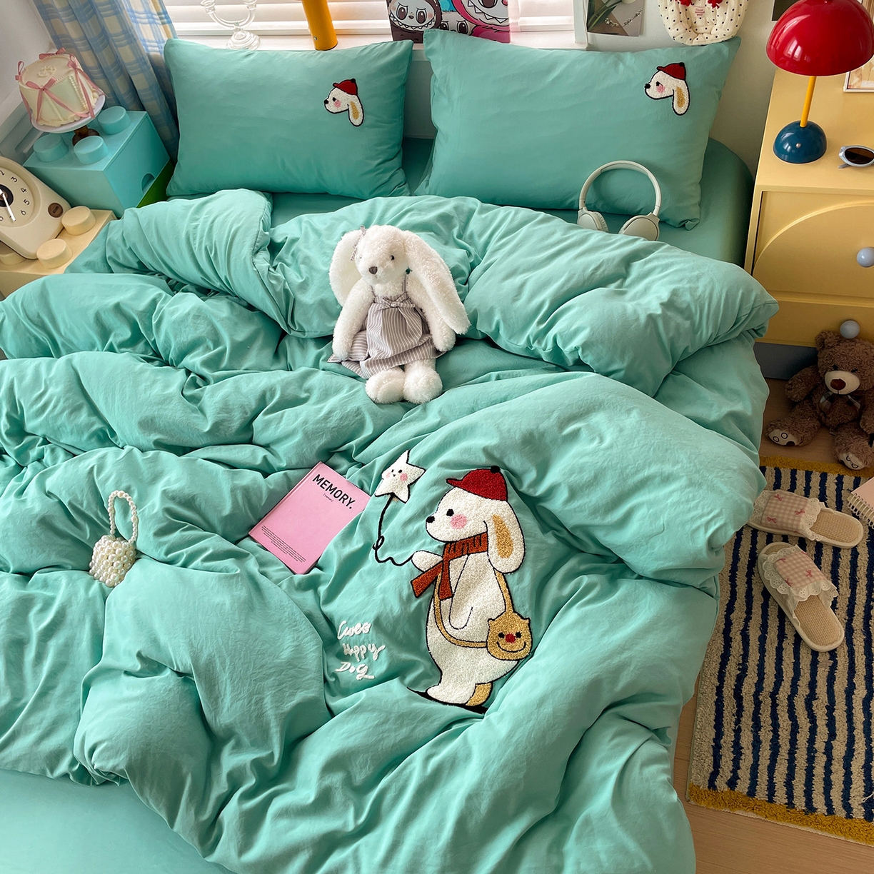 91家纺网 家纺一手货源 找家纺 凯洛奇 2025新款软糯1水洗棉毛巾绣卡通四件套（提供买家秀） 星星与狗